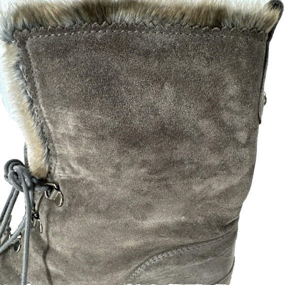 Stuart Weitzman Designer Gray Suede Faux Fur Lined Boots 7.5 Combat Mark on Toe - Picture 12 of 12